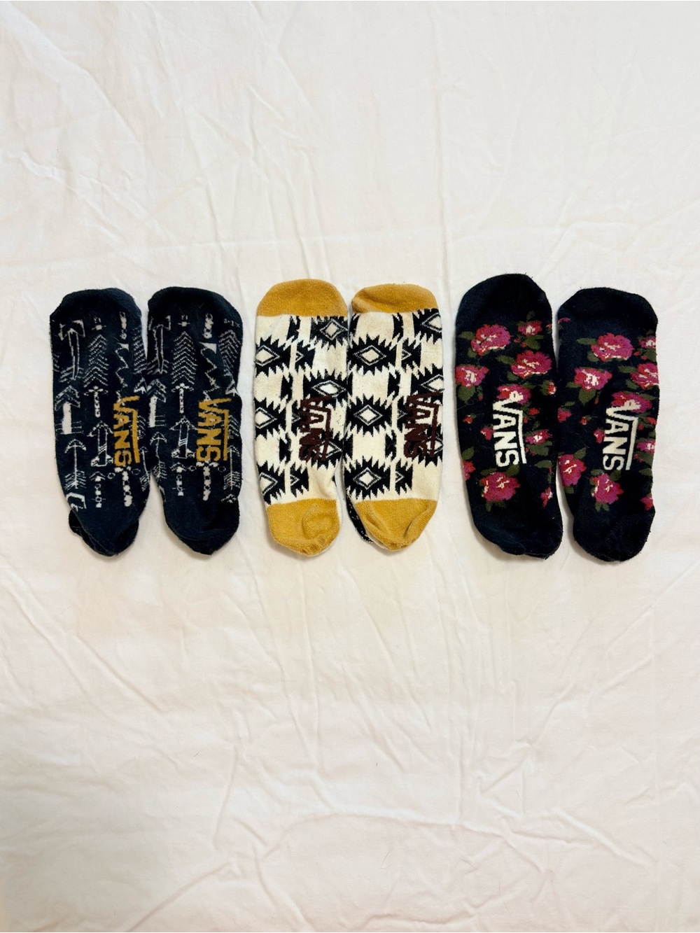 Vans No-Show Socks Trio in Black, Mustard, and Black Floral